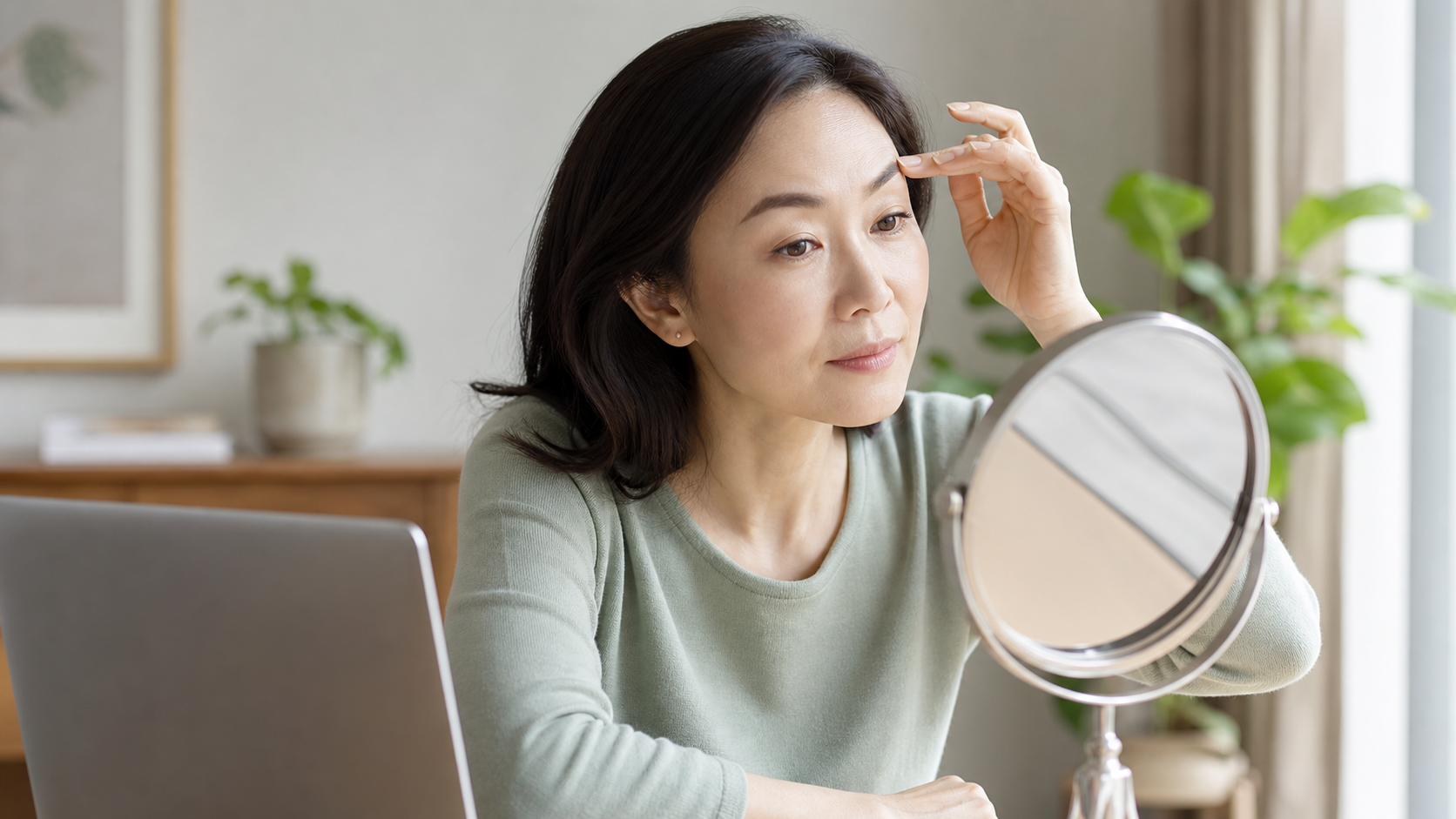 工作後照鏡觀察眉眼疲累與額頭代償