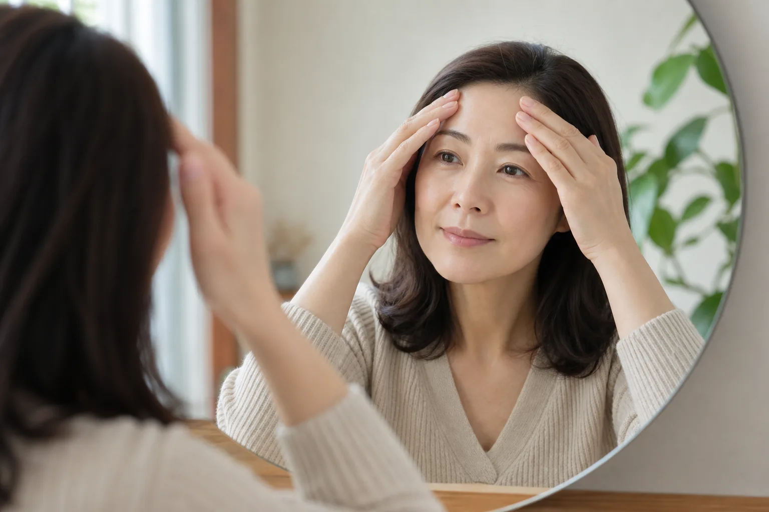 照鏡觀察額頭與髮際張力