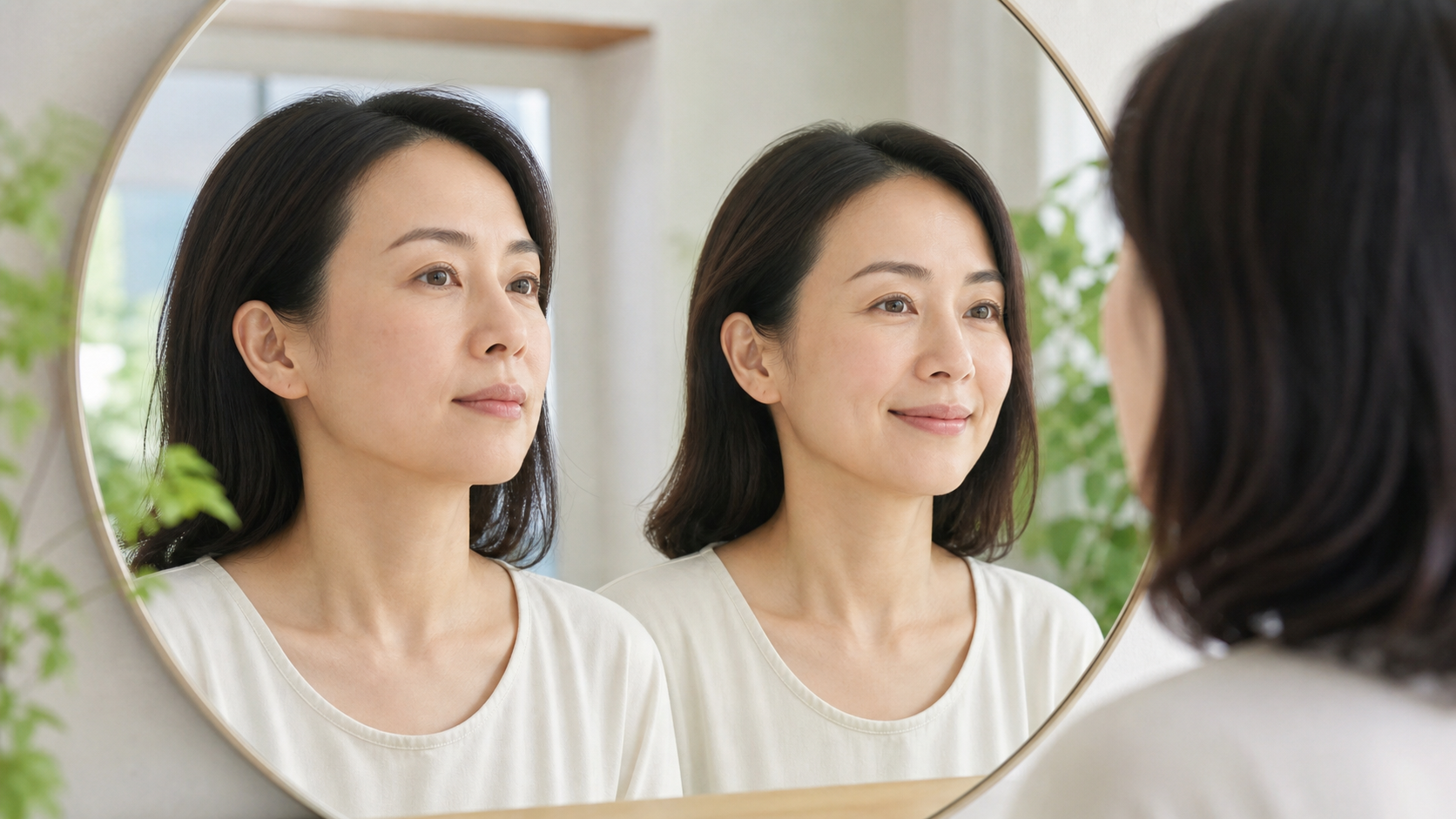 女性以放鬆和微笑表情觀察蘋果肌與中臉差異